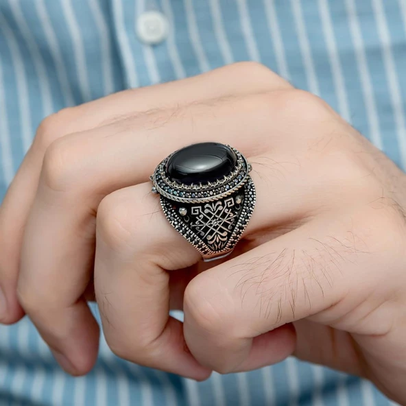 Oval Oniks Taşlı 925 Gümüş Erkek Yüzük - 3