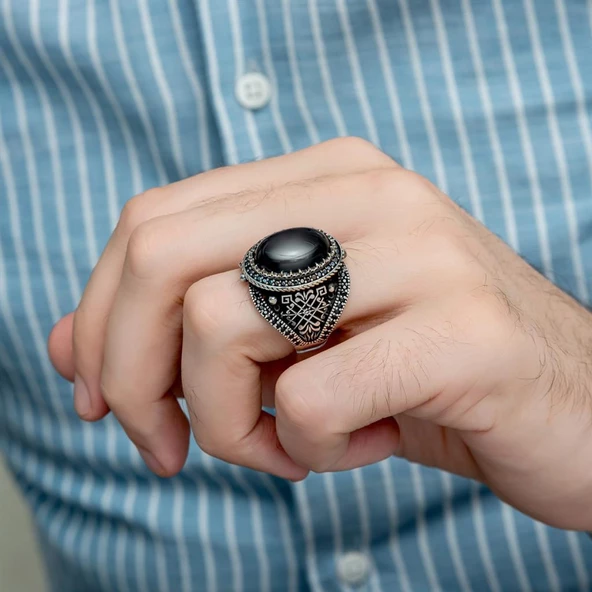 Oval Oniks Taşlı 925 Gümüş Erkek Yüzük - 8