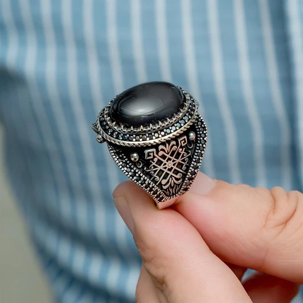 Oval Oniks Taşlı 925 Gümüş Erkek Yüzük - 6