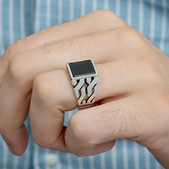Kare Oniks Taşlı 925 Gümüş Erkek Yüzük - 12
