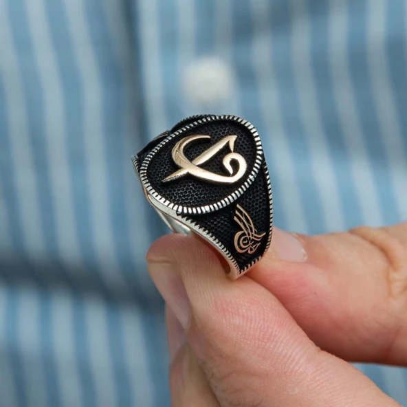 Elif Vav Tuğra Desenli 925 Gümüş Erkek Yüzük - Resim 7