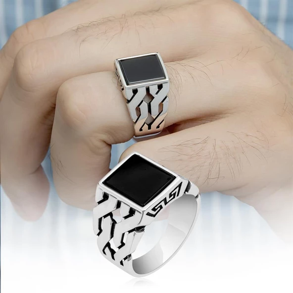 Kare Oniks Taşlı 925 Gümüş Erkek Yüzük