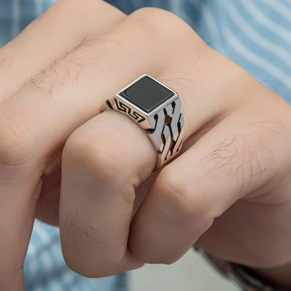Kare Oniks Taşlı 925 Gümüş Erkek Yüzük - 7