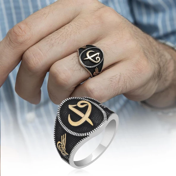 Elif Vav Tuğra Desenli 925 Gümüş Erkek Yüzük ürün görseli 1