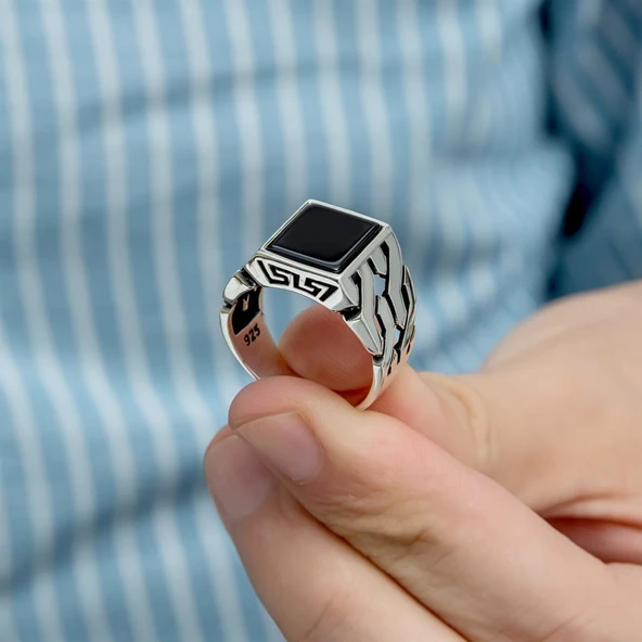 Kare Oniks Taşlı 925 Gümüş Erkek Yüzük - 8