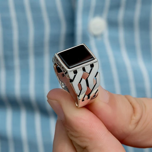Kare Oniks Taşlı 925 Gümüş Erkek Yüzük - 6