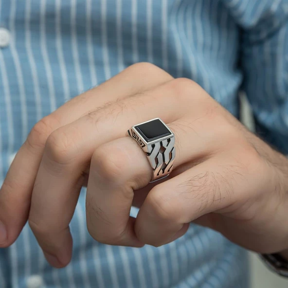 Kare Oniks Taşlı 925 Gümüş Erkek Yüzük - 3