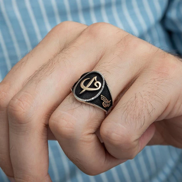 Elif Vav Tuğra Desenli 925 Gümüş Erkek Yüzük - Resim 5