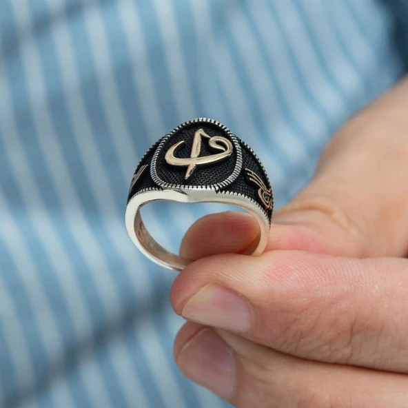 Elif Vav Tuğra Desenli 925 Gümüş Erkek Yüzük - Resim 6