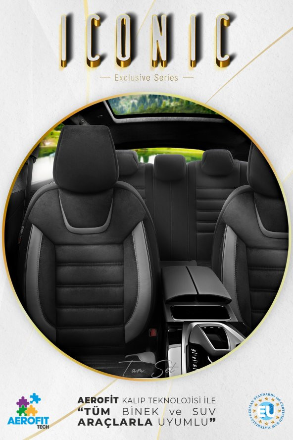 Otom Iconic Design Ortopedik Yüksek Kalite Gerçek Süet Oto Koltuk Kılıfı Tam Set - Siyah-Gri - 2