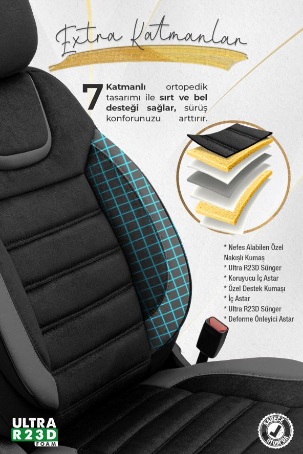 Otom Iconic Design Ortopedik Yüksek Kalite Gerçek Süet Oto Koltuk Kılıfı Tam Set - Siyah-Gri - 5