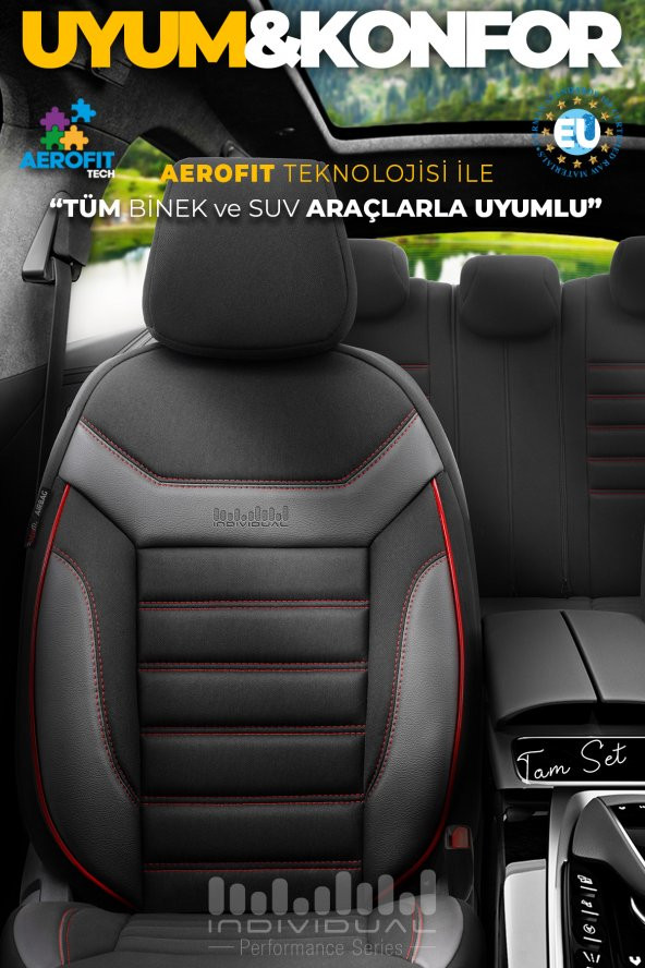 Otom Individual Design Ortopedik Özel Tasarım Oto Koltuk Kılıfı Tam Set - Siyah-Kırmızı - 2