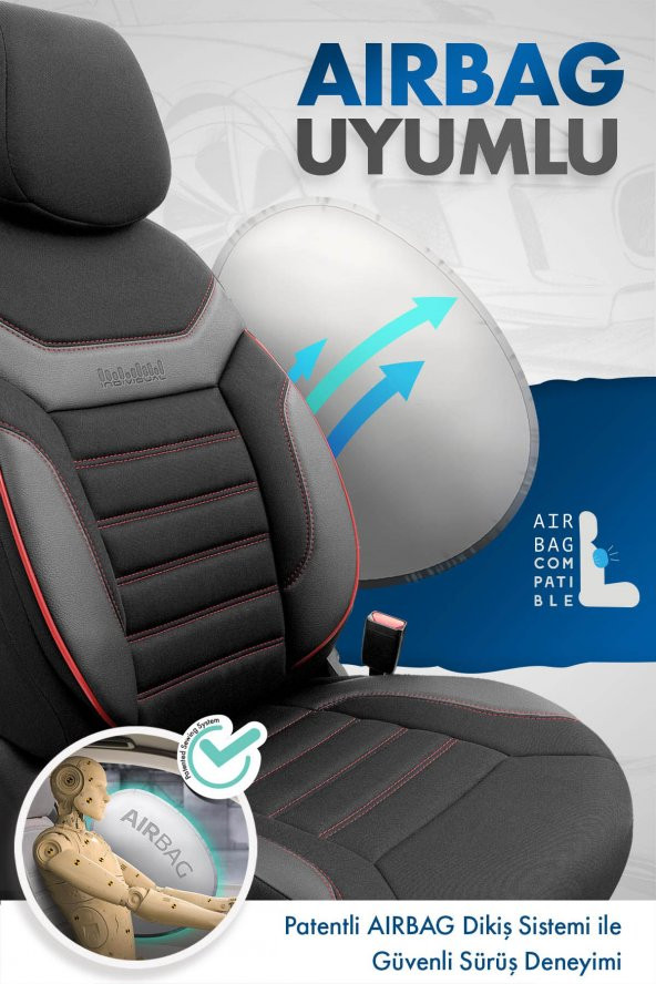 Otom Individual Design Ortopedik Özel Tasarım Oto Koltuk Kılıfı Tam Set - Siyah-Kırmızı - 3