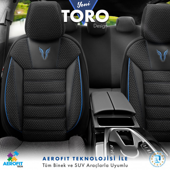 Otom Toro Design Ortopedik Ekstra Destekli Oto Koltuk Kılıfı Özel Pamuklu Kumaş Tam Set - Siyah-Mavi - 2