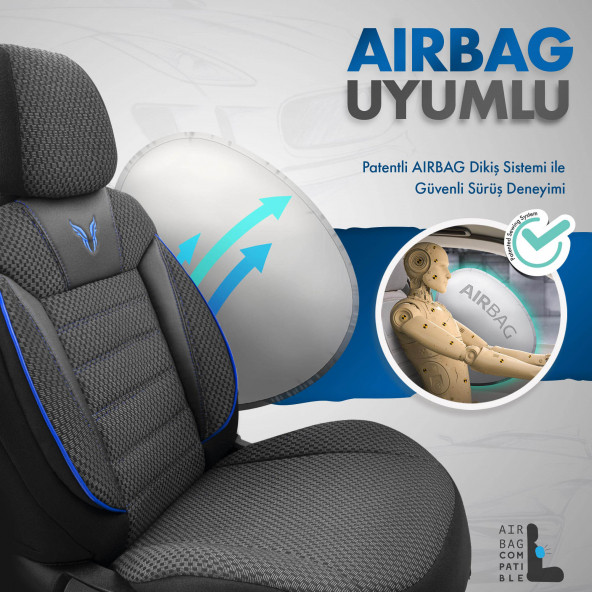 Otom Toro Design Ortopedik Ekstra Destekli Oto Koltuk Kılıfı Özel Pamuklu Kumaş Tam Set - Siyah-Mavi - 3