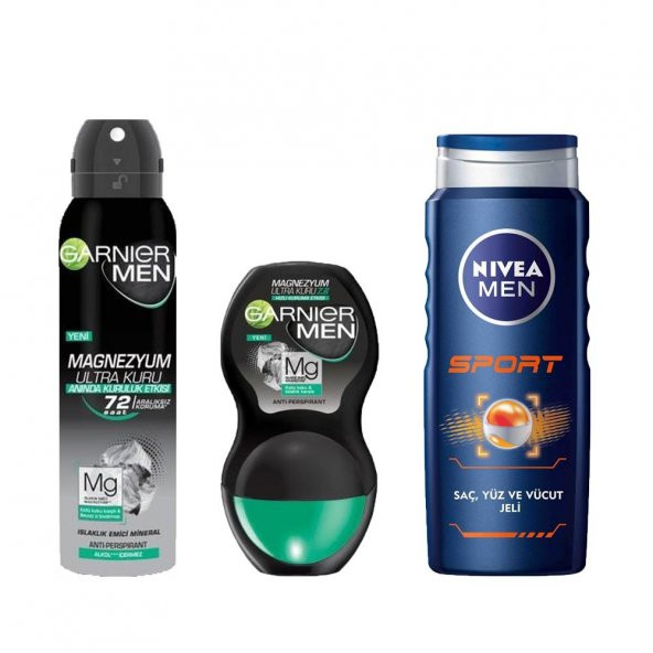 Garnier Men Magnezyum Ultra Kuru Sprey Roll-On Deo + Nivea Erkek Sport Duş Jeli
