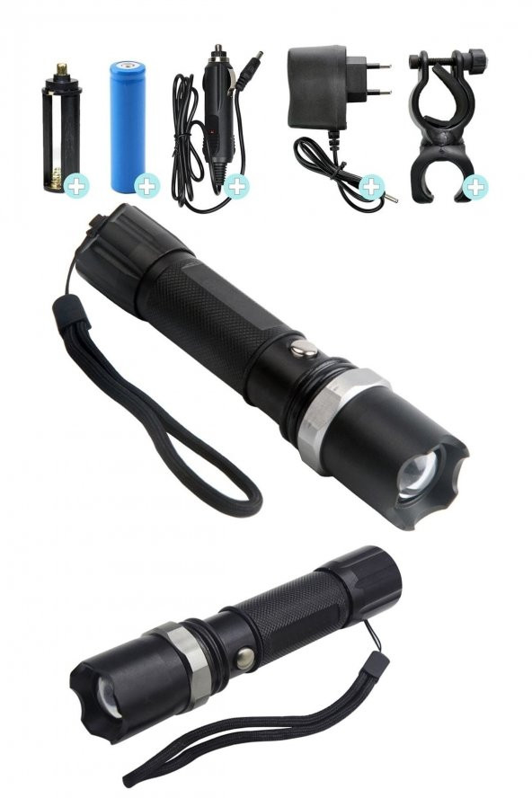Profesyonel Şarjlı El Feneri Ledli+Flashlight+Zoom Özellikli+Tüfek Aparatı 6 Parça Full Set - 6