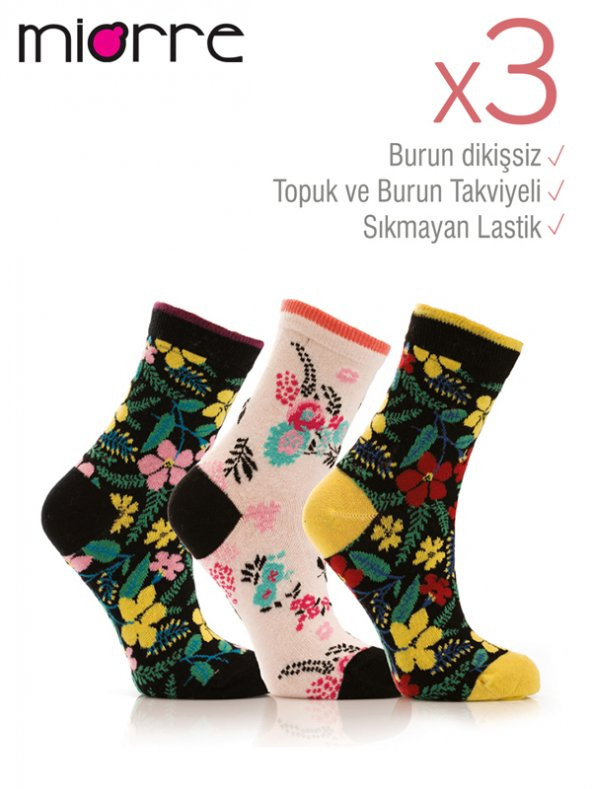 3lü Bayan Çiçekli Çorap - Resim 2