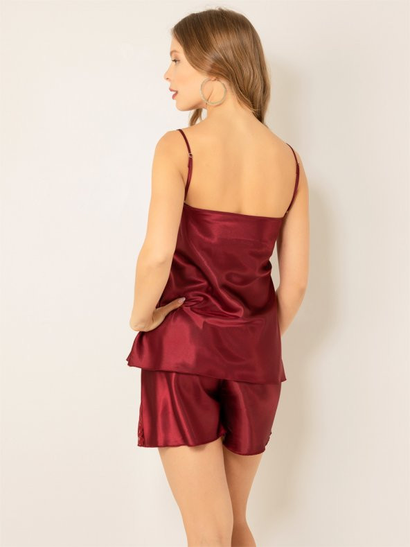 Ayarlanabilir Askılı Dantelli Saten Şortlu Takım - Resim 4