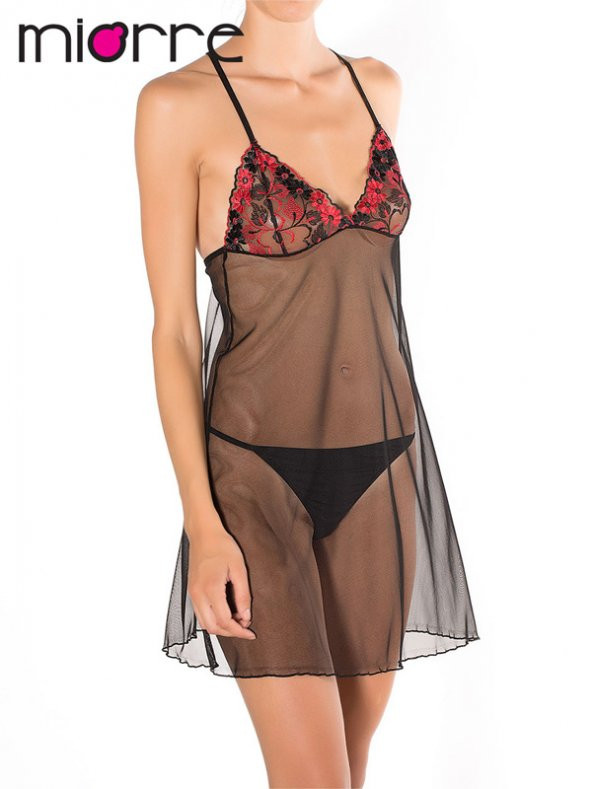 Iridescent Sırtı Çapraz Askılı Güpürlü Transparan Gecelik Takım - Resim 3