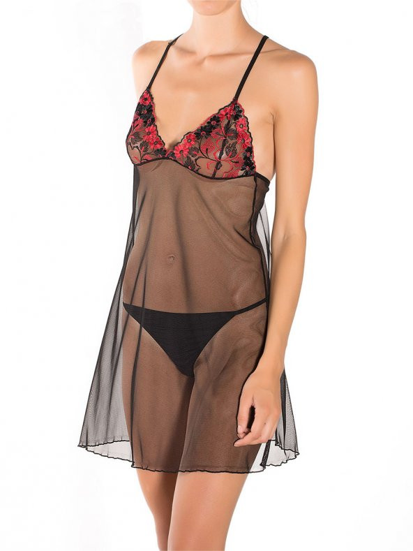 Iridescent Sırtı Çapraz Askılı Güpürlü Transparan Gecelik Takım - Resim 6