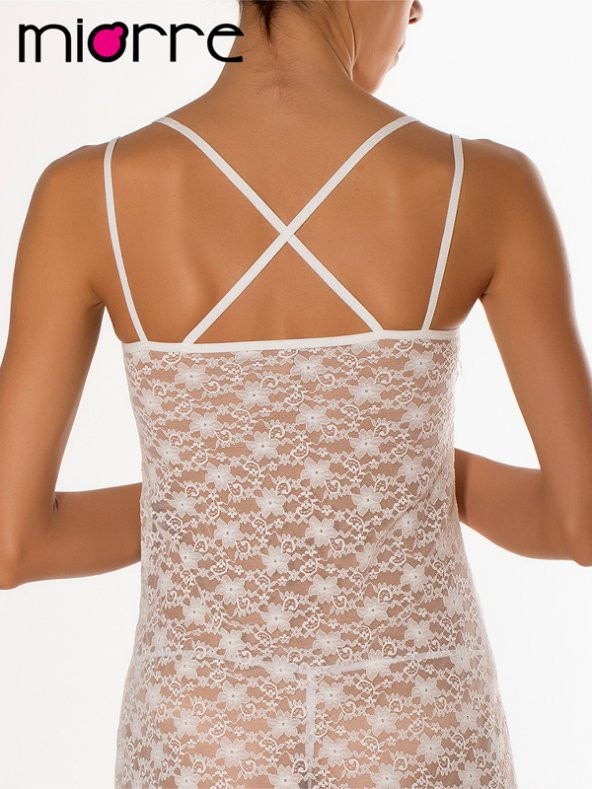 Sırtı Çapraz Askılı Biye Detaylı Dantel Gecelik - Resim 3