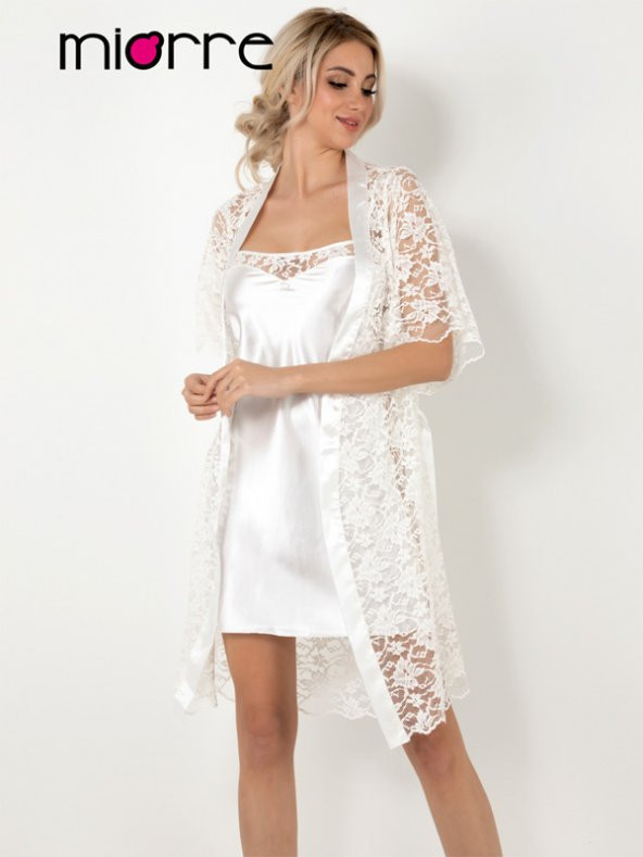 İnce Askılı Dantel Detaylı Saten Gecelik Sabahlık 2li Takım ürün görseli