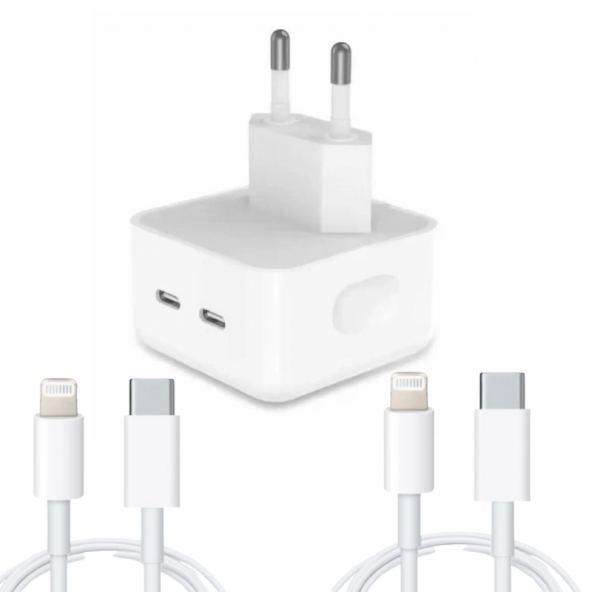 Apple Uyumlu 35 W Çift USB-C Bağlantı Noktalı Şarj Adaptörü ve 2 Adet Usb-c Lightning Şarj Kablosu 1m