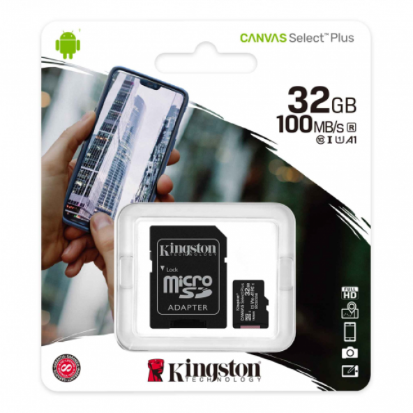 KINGSTON SDCS2/32GB'' CANVAS'' CL10'' 100Mb/s'' MicroSD Kart Bellek (SD Adaptörlü)