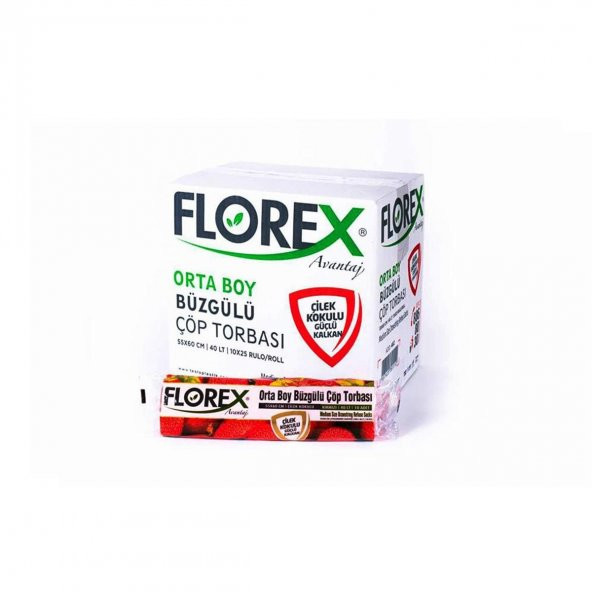 Florex 40 Litre Büzgülü Çilek Kokulu Çöp Torbası Poşeti / 55 x 60 Cm. - 10x25 Rulo / Koli