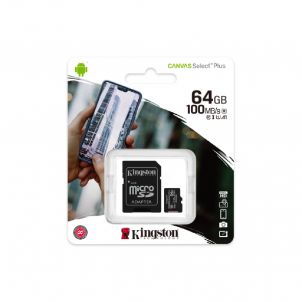KINGSTON SDCS2/64GB'' CANVAS'' CL10'' 100Mb/s'' MicroSD Kart Bellek (SD Adaptörlü)