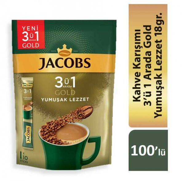 Jacobs 3ü1 Arada Gold Kahve Karışımı Yumuşak Lezzet 100 Adet