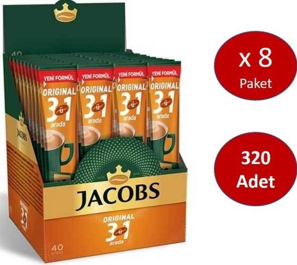 Jacobs 3ü1 Arada 320 Adet Stick Kahve (40 x 8 Paket)
