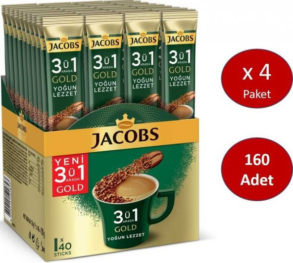 Jacobs 3ü1 Arada Gold Kahve Karışımı Yoğun Lezzet 160 Adet (40 x 4 Paket)
