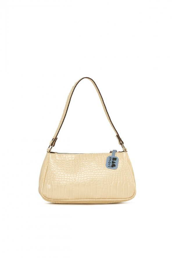 Bagmori Krem Fitilli Parlak Kroko Baget Çanta