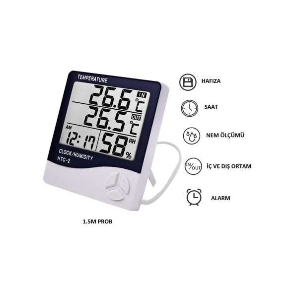 Htc-2 Masa Termometre Dijital Nem Ölçer Sıcaklık Isı Alarm  Pil A34 - Masa Saati - 4