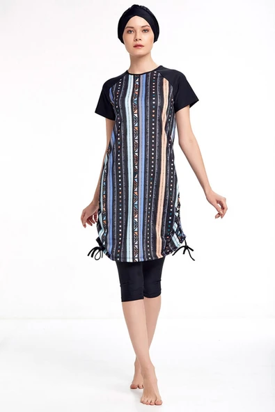 Adasea Likralı Yarı Kapalı Kısa Kollu Tesettür Mayo 3409 Siyah - 4