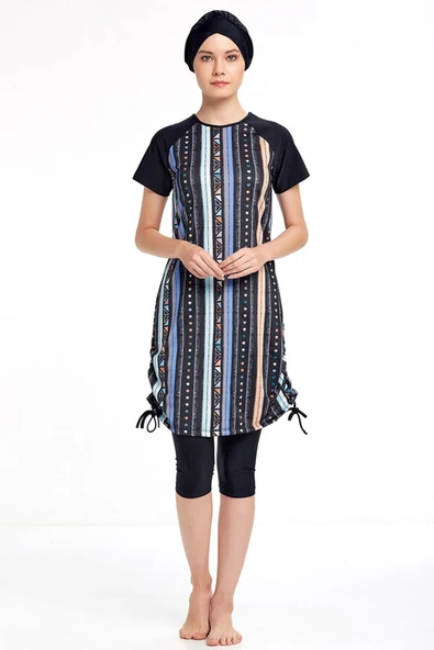 Adasea Likralı Yarı Kapalı Kısa Kollu Tesettür Mayo 3409 Siyah - 2