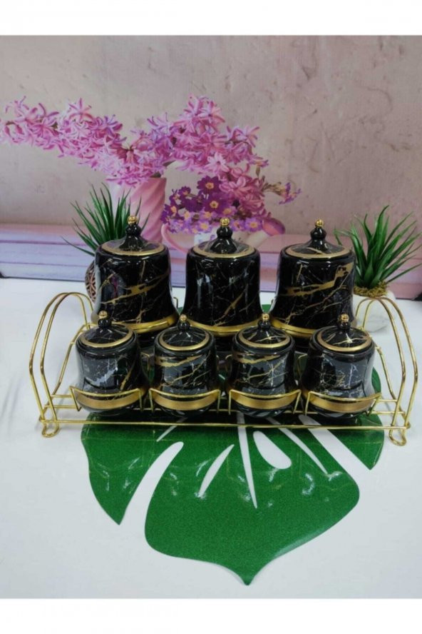 Marble 7 Parça Gold Standlı Porselen Baharat Takımı