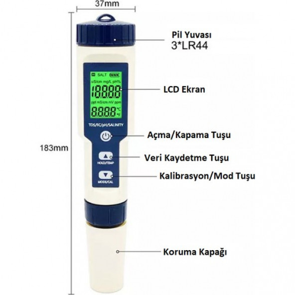 5in1 Dijital Ph/tds/ec/tuzluluk/sıcaklık Metre Işıklı Test Cihazı Iletkenlik Kalem Model-5in1 Tds Metre-A89 - 3
