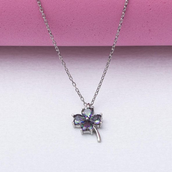 Topaz Taşlı Yonca Model 925 Ayar Gümüş Kadın Kolye - 2