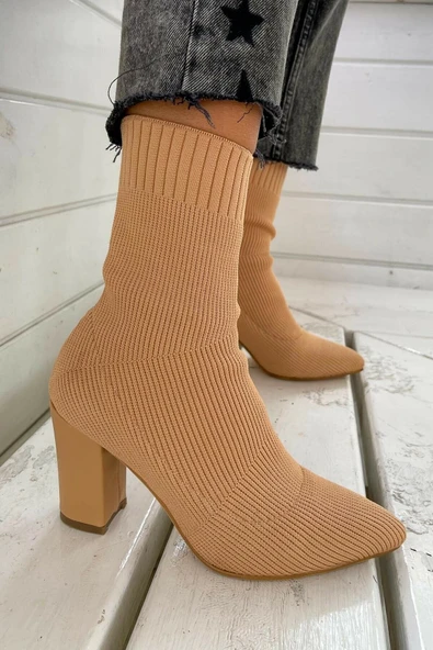 Günlük Kadın Streç Triko Kalın Yüksek Topuklu Bot Bootie Çorap Şeritli Sivri Burun Ayakkabı 167 - 4