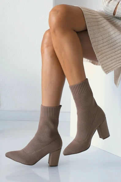 Günlük Kadın Streç Triko Kalın Yüksek Topuklu Bot Bootie Çorap Şeritli Sivri Burun Ayakkabı 167 - 11