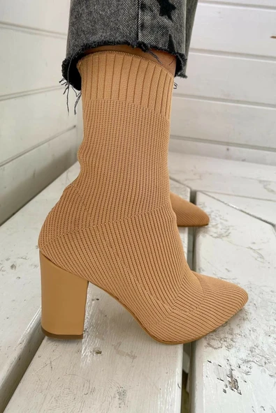 Günlük Kadın Streç Triko Kalın Yüksek Topuklu Bot Bootie Çorap Şeritli Sivri Burun Ayakkabı 167 - 5