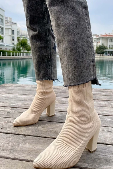 Günlük Kadın Streç Triko Kalın Yüksek Topuklu Bot Bootie Çorap Şeritli Sivri Burun Ayakkabı 167 - 9