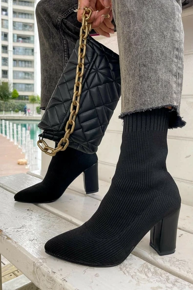 Günlük Kadın Streç Triko Kalın Yüksek Topuklu Bot Bootie Çorap Şeritli Sivri Burun Ayakkabı 167 - 3