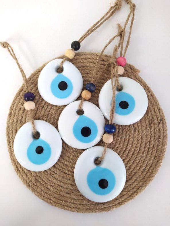 5 Adet Delikli Beyaz Nazar Boncuğu 5 cm Kötü Göz Kovucu İpli Ahşap Boncuklu Nazarlık Ağaç Süsü Ağaç Ev Bahçe Süsleme