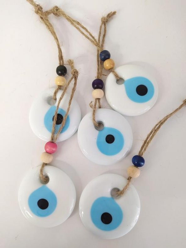 5 Adet Delikli Beyaz Nazar Boncuğu 5 cm Kötü Göz Kovucu İpli Ahşap Boncuklu Nazarlık Ağaç Süsü Ağaç Ev Bahçe Süsleme - 2