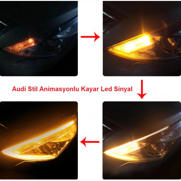 SELAMLAMALI Açılış Animasyonlu Far Kaşı Beyaz Audi Stil Kayar Sinyllii Far Üstü Slim Led - 2