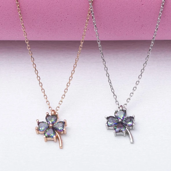 Topaz Taşlı Yonca Model-1 925 Ayar Gümüş Rose Rengi Kadın Kolye - Resim 3